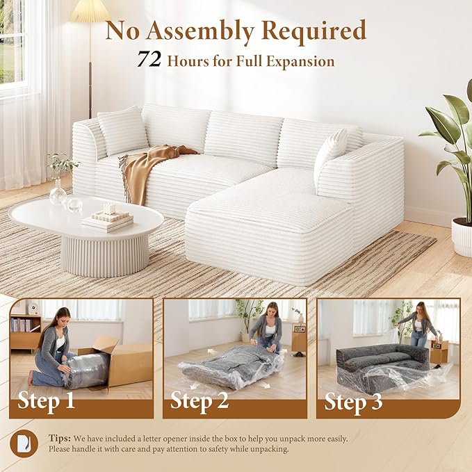 Vesgantti 106 Modular Sectional Sofa with Chaise Deep Seat Comfy Cloud Couch Corduroy L Shaped Sofa Sectional Couches for Living Room Bedroom No Assembly Required (Beige Right-Facing Chaise)