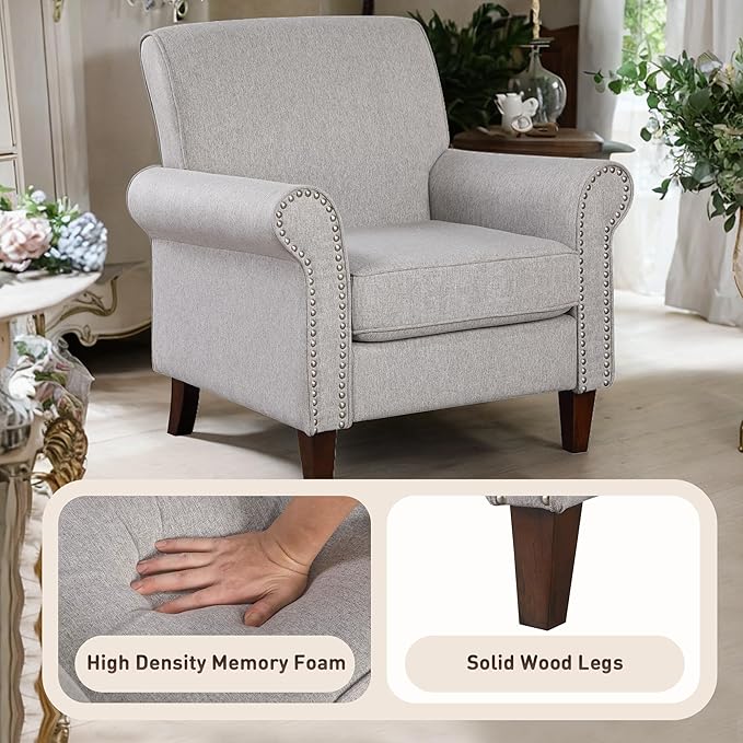 Prilinex Upholstered Living Room Chair - Large Comfy Fabric Accent Chair Single Sofa with Cushion Rolled Armrest &amp Nailhead Trim Mid Century Modern Armchair for Bedroom Office Grey