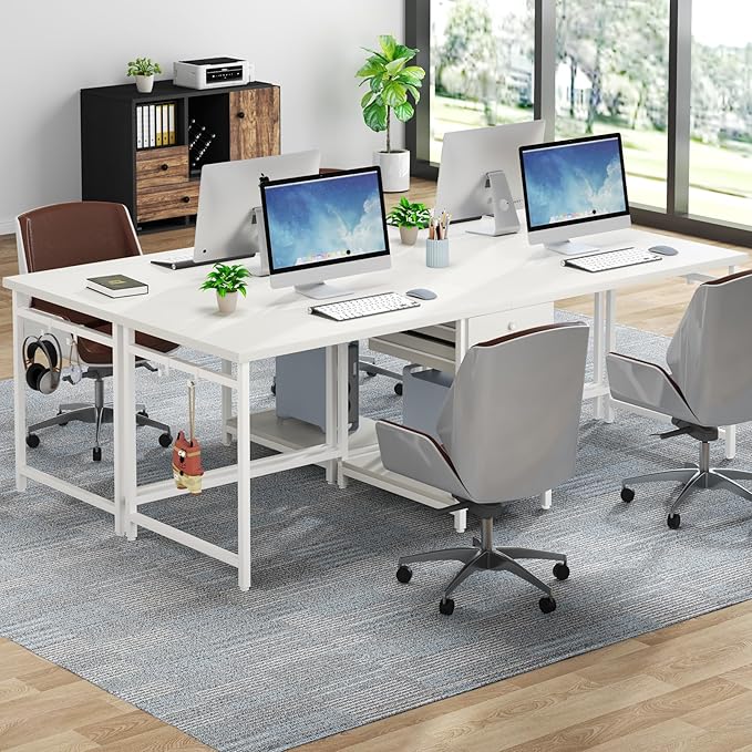 Tribesigns 78.74’’ Two Person Desk with 2 Drawers Long Double Computer Desk Gaming Table with Shelves Industrial Study Writing Table Workstation for Home Office White