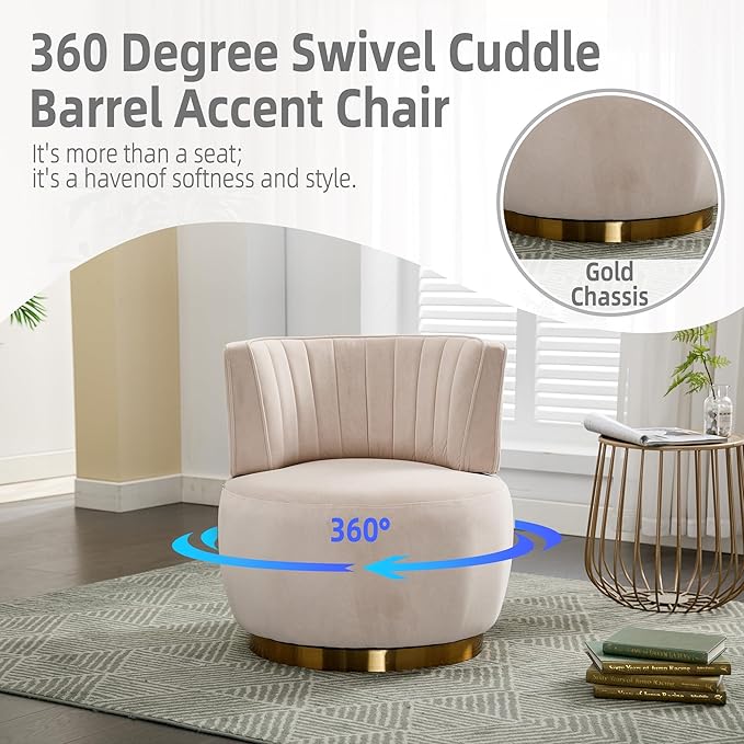 360° Swivel Barrel Accent Chair Beige Round Club Arm Chair with Metal Base Modern Single Sofa Seating Velvet Reading Seat in for Living Room Bedroom Office (Beige)