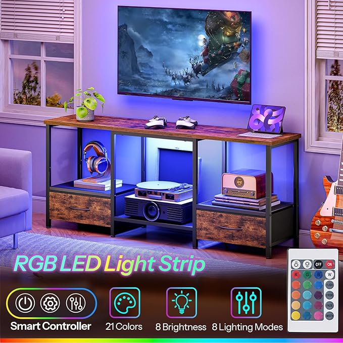 HOOBRO LED TV Stand with Storage LED Entertainment Center with Open Shelves and Drawer Fits TVs up to 55 Television Stand for Living Room Bedroom Rustic Brown and Black BF123DDS01G1