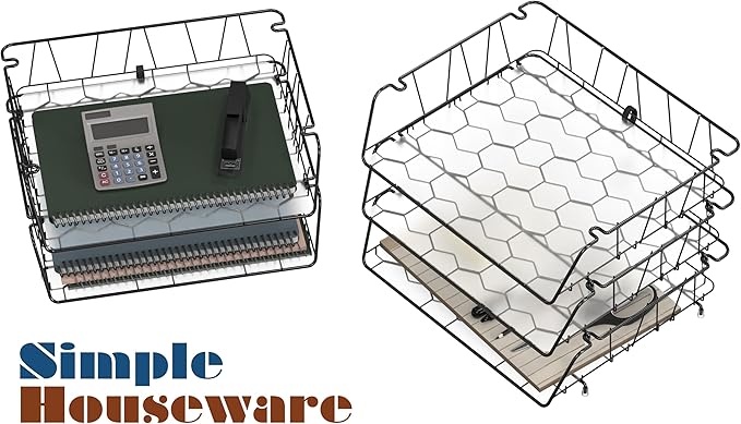 Simple Houseware Stackable Wide Entry Desk File Document Letter Tray with Liner Wire Grid 3 Packs Black