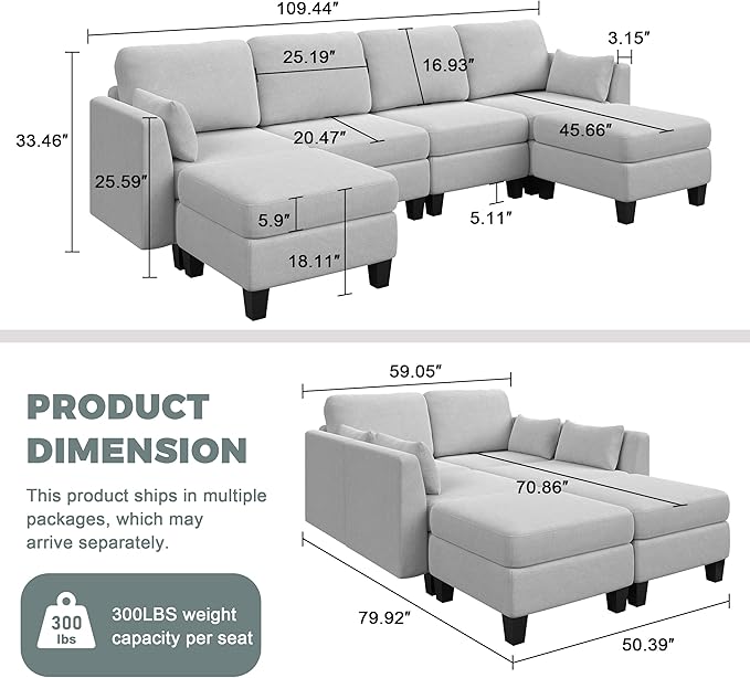 Modular Sectional Sofa 6 Seaters Modular Sleeper Sofa Couch Comfy Sectionals Couches Bed Convertible Sofas with Ottomans Sectional Couches for Living Room Light Grey
