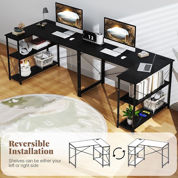 Giantex L Shaped Desk with Charging Station 47 Inch Reversible Computer Desk with Adjustable Storage Shelves &amp Metal Frame Modern Corner Desk for Home Office Studying Writing Gaming (Black)