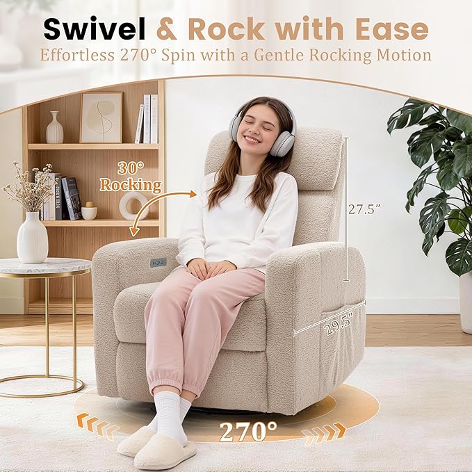 Power Swivel Recliner Chairs for Adults Electric Glider Rocking Chair Nursery Glider Recliner Nursery Chair with Classified Side Pocket Nursery Rocking Chairs with USB and Type-C Ports