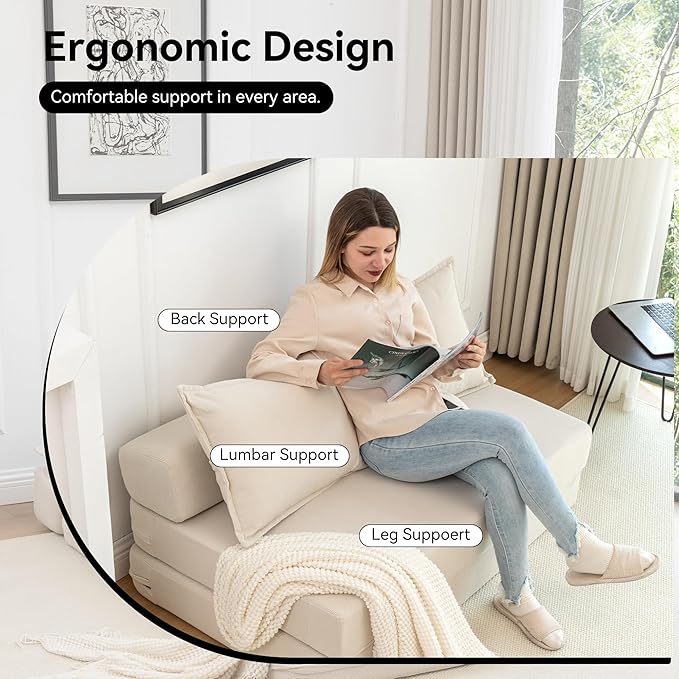 47.6'' Folding Sofa Bed 4 in 1 Convertible Sleeper Chair with 2 Pillows Corduroy Boneless Sofa Bed High-Density Foam Floor Lazy Pull Out Loveseat Couch for Living Room Lounge Beige