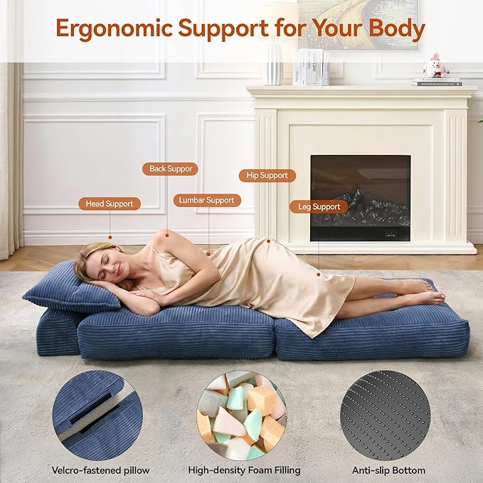 Folding Sofa Bed Fold Out Chair Bed with Pillow Convertible Sleeper Chair for Living Room/Small Spaces Foldable Lazy Sofa Bed Floor Chair Comfy Corduroy Couch Bed Navy Blue