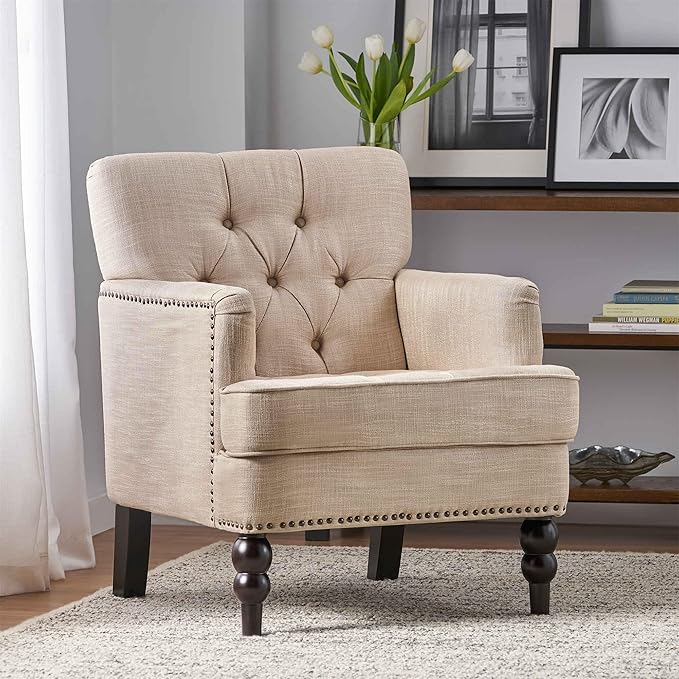 VERYKE Accent ChairTufted High Back Single Sofa Chair with Naihead DesignUpholstered Chair with Arms and Cushion PaddedLiving Room Chair with Turned Legs for BedroomHome Office (Fabric Beige)