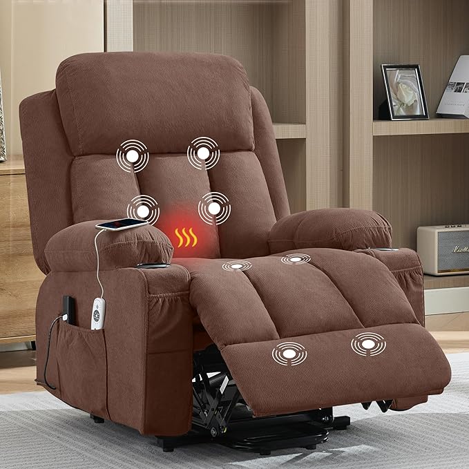 Power Lift Recliner Chair for Elderly with Vibration Massage and Lumbar Heating Electric Oversized Single Sofa with Cup Holder and USB Charge Port for Living Room