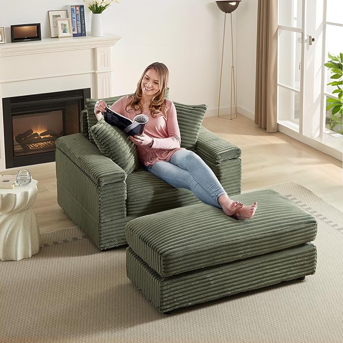 Chaise Lounge Chair Indoor 44 Inch Comfy Corduroy Sectional Cloud Couch Upholstered Single Sofa w/Movable Ottoman for Living Room Bedroom Apartment Green