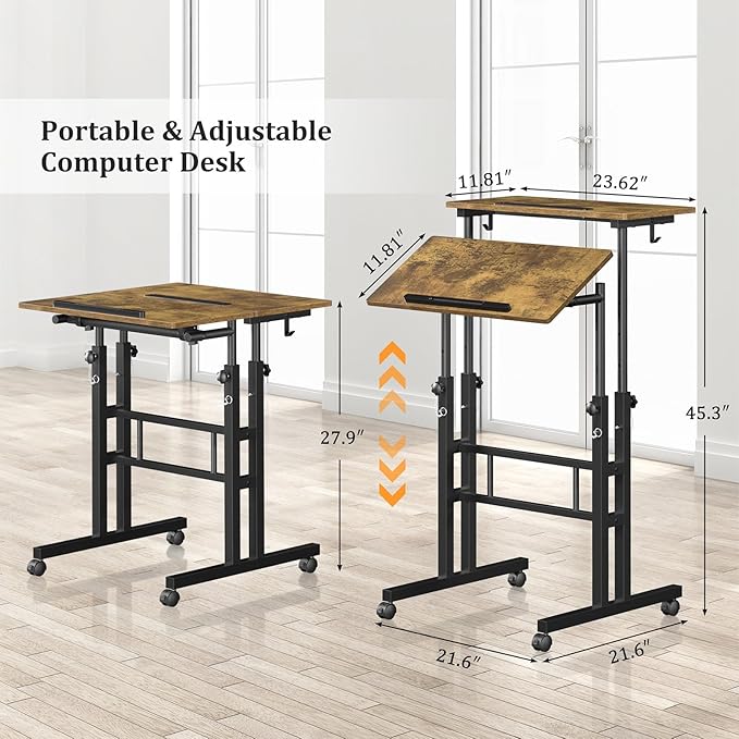 Small Standing Desk with Wheels Mobile Stand Up Desk Portable Standing Table on Wheels for Walking Pad Rolling Computer Desk Adjustable Height Tall Table