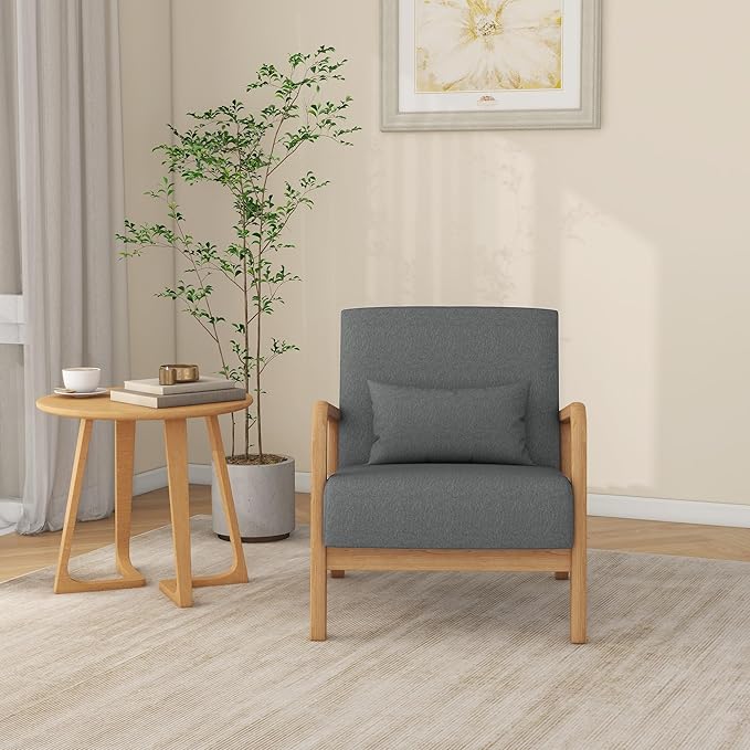 Accent Chair Mid Century Modern Armchair with Pillow Upholstered Lounge Sofa Reading Side Chair for Living Room Bedroom（Grey Set of 1