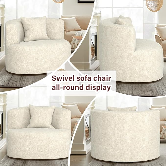 Swivel Accent Chair 360°Soft Accent Chairs Chenille Upholstered Living Room Chairs with Pillow and Curved Backrest No Assembly Arm Chair for Living Room/Bedroom/Office (White)