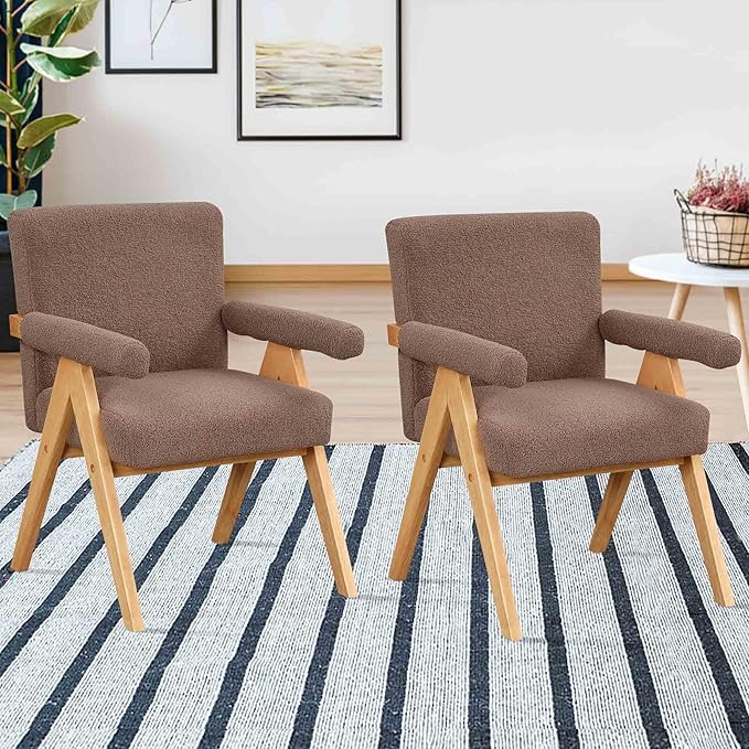 Modern Velvet Upholstered Accent Chairs Set of 2 with Wood Frame and Armrest Fabric Wooden Armchairs for Living Room Bedroom Office Reading Room (Brown)