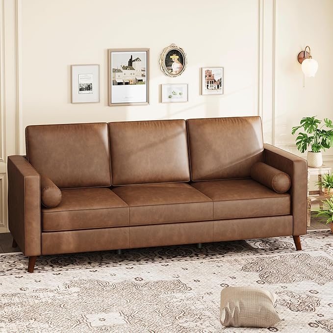 GAOMON 81 Leather Couch for Living Room Mid Century Modern 3-Seater Sofa with Deep Seat Faux Leather Sofa for Apartment Home Office Brown
