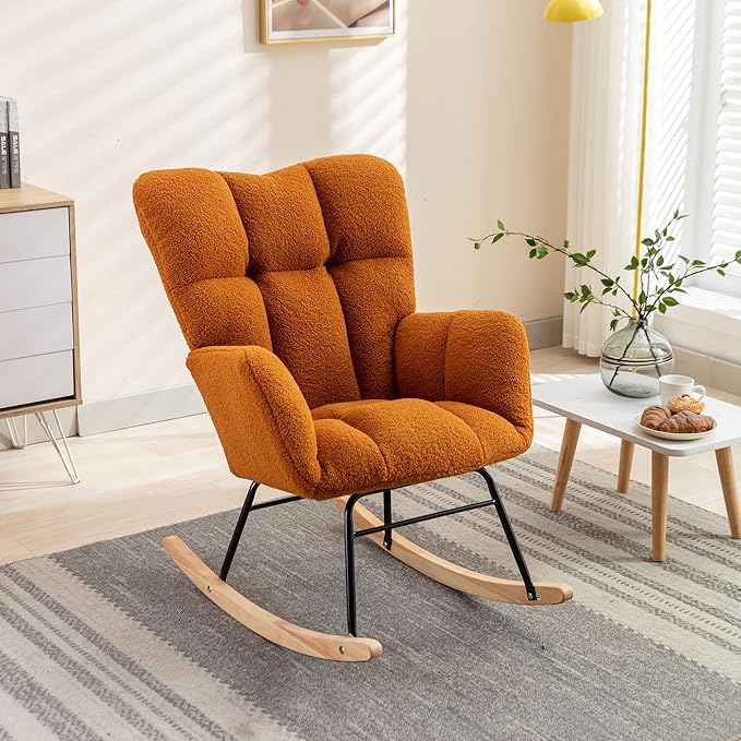Setawix Teddy Fabric Rocking Accent ChairMid Century Modern Rocking Glider ArmchairLeisure Tufted Rocker Arm Chair for NurseryBedroomLiving Room (Teddy Caramel 27.6)