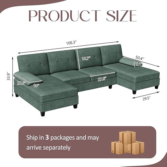Shintenchi U-Shaped Sectional Couches for Living Room 4 Seat Sofa with Double Chaise LoungesSolid Wood Frame Sectional Sofa for ApartmentGreen
