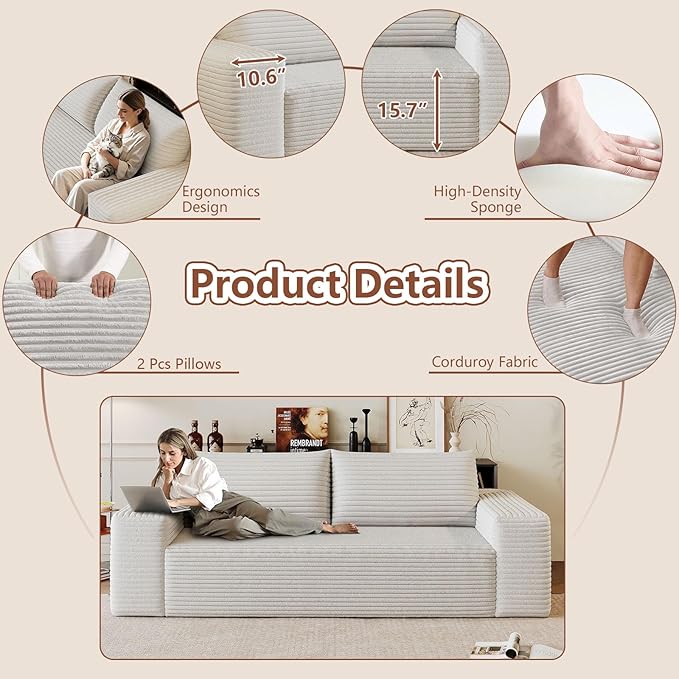 Modern Corduroy Loveseat Sofa2-Seater Cloud Couch with Memory Foam and Furry PillowsDeep Seat Small Sofa with Wide ArmrestsNo Assembly Couch in a Box for BedroomSmall Space (White70.8in)