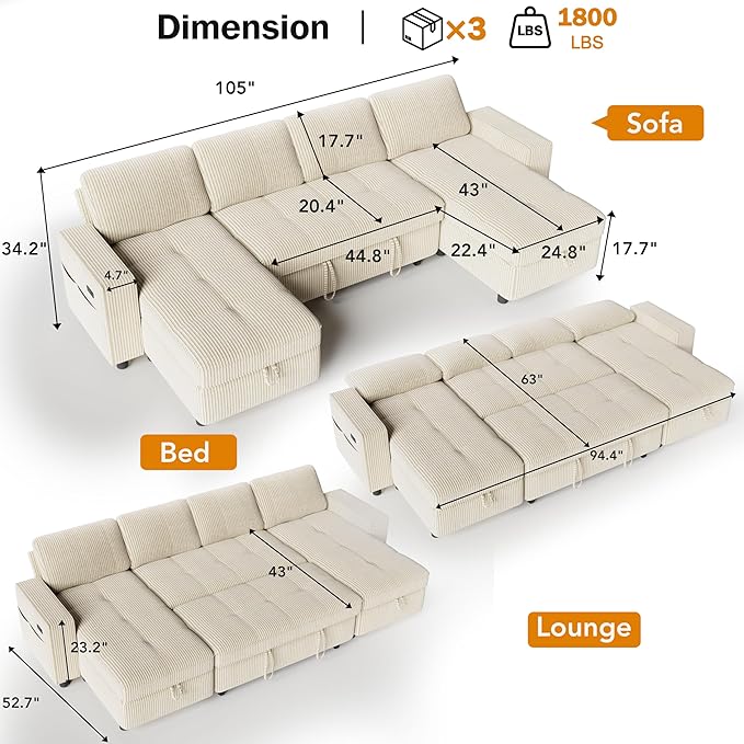 Vipbear Sectional Sleeper Couch with Pull Out Sofa Bed U Shaped Plush Corduroy Couch with Reclining Backrest &amp 2 Storages &amp USB Charging Convertible Cloud Sectional Sofa Bed for Living Room