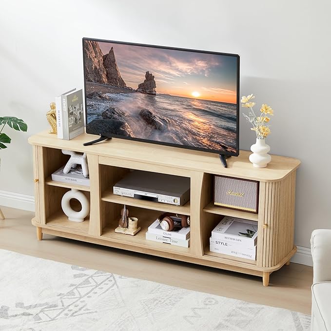 TV Stand Fluted Media Console Table with Storage and Sliding Door Farmhouse Entertainment Center for Living Room Home Office (Natural-No Fireplace)