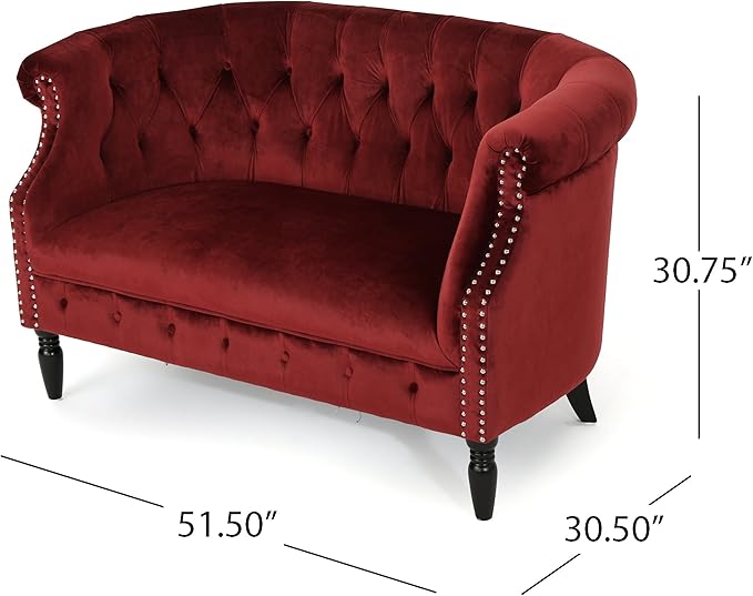 GDFStudio Melaina Tufted Chesterfield Velvet Loveseat with Scrolled Arms Garnet and Dark Brown