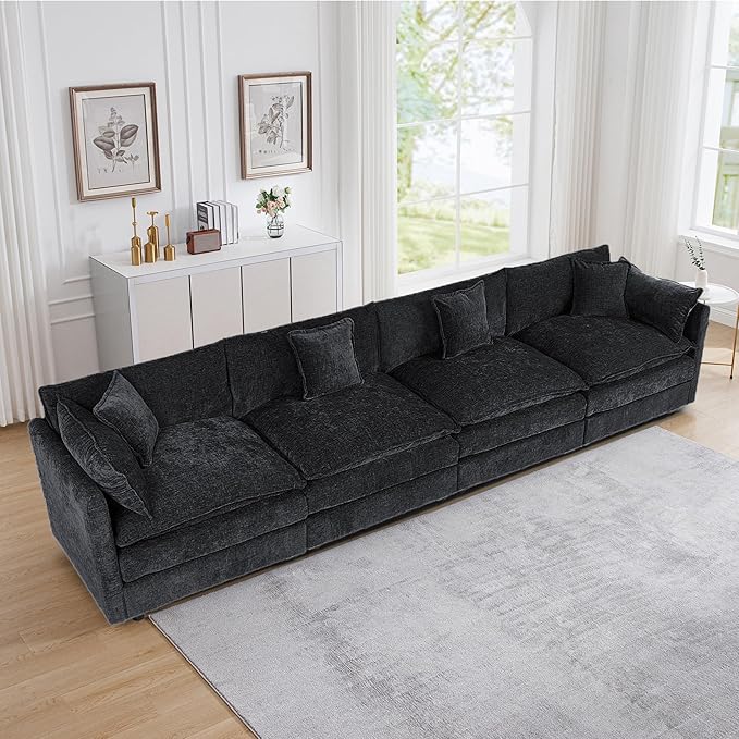 Setawix Chenille Cloud Couches for Living Room4 Seater Cloud Sofa Couch with Deep Seat147.22 Roomy Cloud SofasModular Sectional 4 Seat Sofa with Pillows for Bedroom (Black 4 Seater)