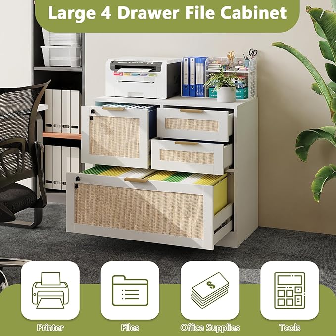 HOPUBUY Lockable 4 Drawers File Cabinet Lateral Filing Cabinet with Printer Stand for Home Office and School Wood Rattan File Cabinet for Hanging Files/Letter/Legal/A4/F4 Size White