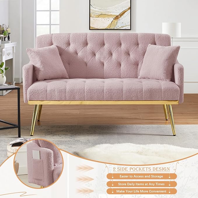 Small Loveseat Sofa 55.5-inch Modern Sofa Couch with with 2 Side Pockets Modern Tufted Sofa with Golden Metal Legs Upholstered Space Saving Love Seat for Living Room Bedroom Office Pink Teddy