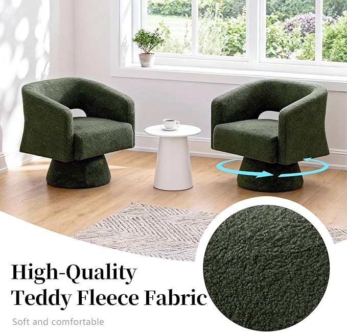 Accent Barrel Chair Set of 2 Modern Teddy Bear Velvet Club Chair 360° Swivel Degree Dressing Chair Suitable for Living Room Reading Room Bedrooms Office Green