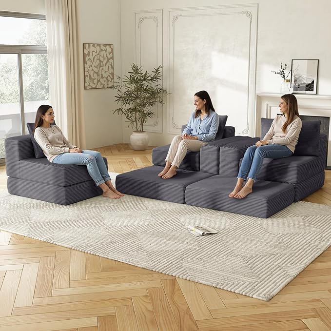 102 Sectional Couches for Living RoomCustomizable Boneless Couch Convertible Modular Sectional Sofa Bed Plush Corduory Sleeper Sofa Folding Futon L Shaped Couch No Assembly(Grey)