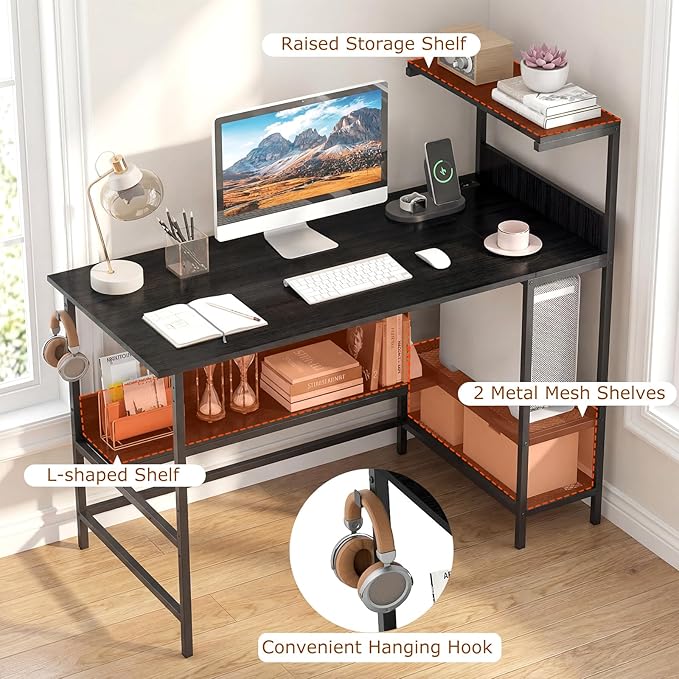 Giantex 48 Computer Desk with Charging Station Reversible Writing Desk with Storage Shelves &amp Headphone Hook Small Gaming Desk Industrial Computer Workstation for Home Office (Black)