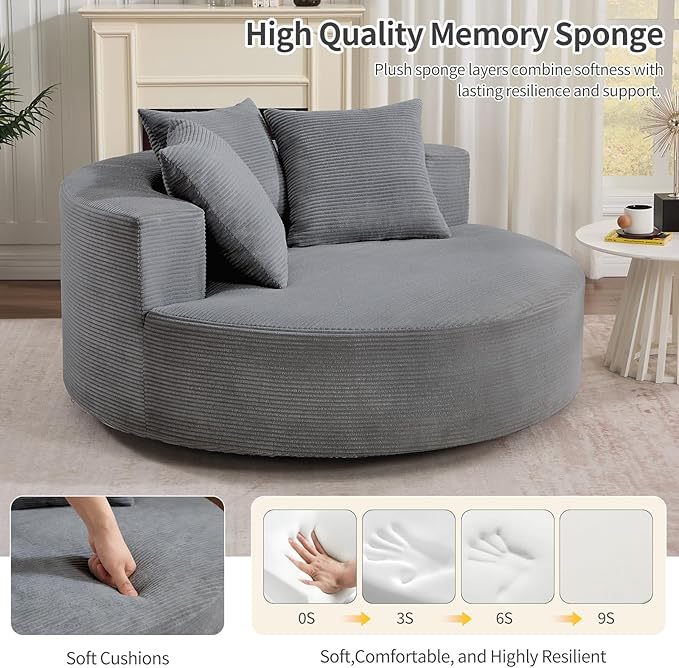 CANMOV Oversized Round Swivel Chaise Longue Chair Indoor Upholstered Corduroy Deep Seat Cloud Large Circle Sofa Chair Modern Single Cloud Sofa Bed for Living Room Bedroom Apartment Office Dark Gary