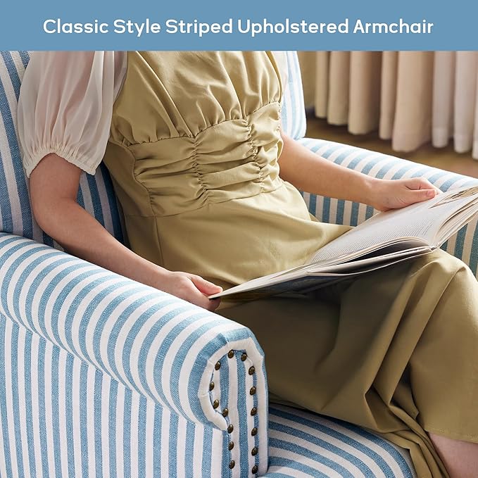 HUIMO Linen Fabric Accent Chairs Set of 2 Mid-Century Modern Armchair with Solid Wood Legs Single Sofa ChairUpholstered Reading Club Chair (2 Blue and White Stripe)