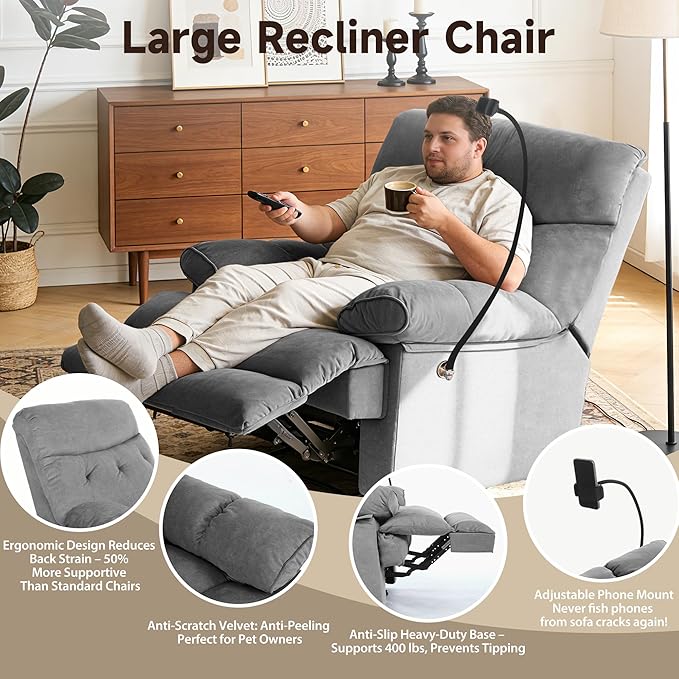 Oversized Recliner Chairs for Adults Manual Large Recliners Big Mans Recliner Chair Extra Wide Single Reclining Sofa Chair for Living Room RV Grey