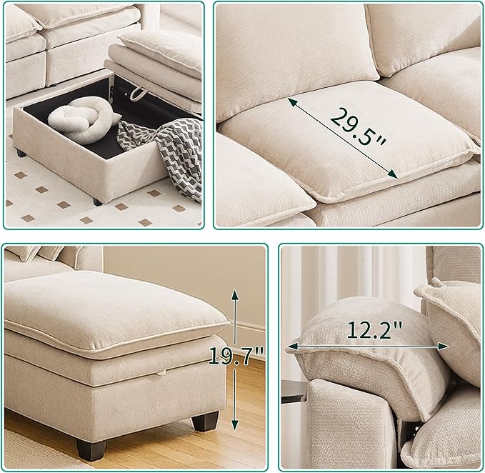 Large U-Shaped Sectional Couch Set - 6/7/8 Seater Oversized Cloud Sofa for Living Room Big Comfy Chenille Fabric Couches Extra Long Modular Sofa Bed Furniture (Beige 7-Seater Sofa)