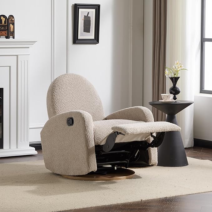 GDFStudio Swivel Glider Recliner Chair Nursery Rocker Recliner Chair with Boucle Upholstered High Back Single Seat Sofa Chair with Deep Seat Manual Nursing Reclining for Living Room Almond