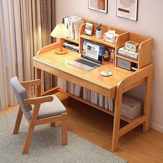 Solid Wood Writing Desk Mid-Century Modern Computer Desk with Hutch and 2 DrawersSimple Study Table Home Office Workstation with Open Storage Shelf(80x60x105cm(31x24x41in) Wood)