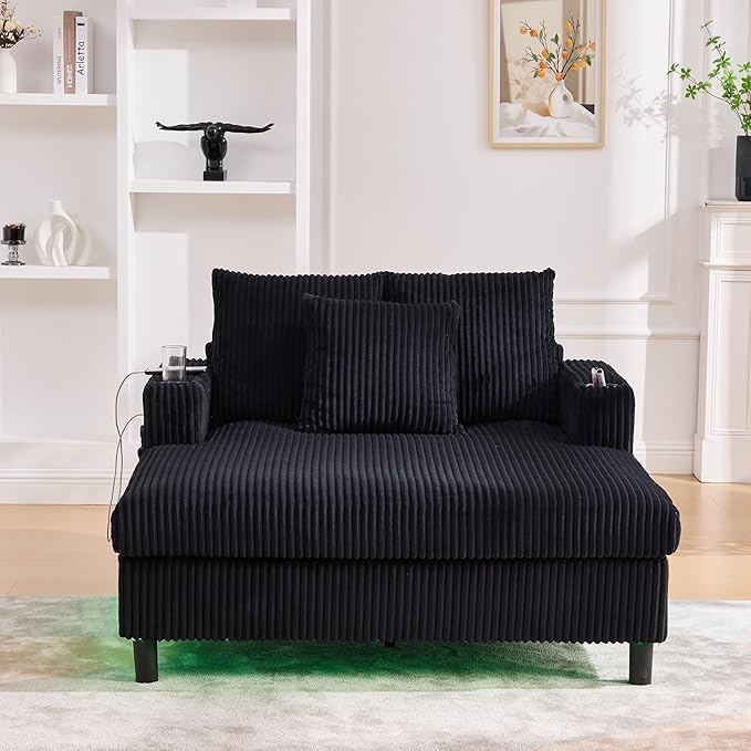 SLEERWAY Modern Corduroy Chaise Lounge Sofa Indoor - 55.9 Comfy Oversized Couch Bed with USB Ports Cup Holder Side Pocket Lights 3 Throw Pillows Lazy Recliner Chairs Living Room (Black)