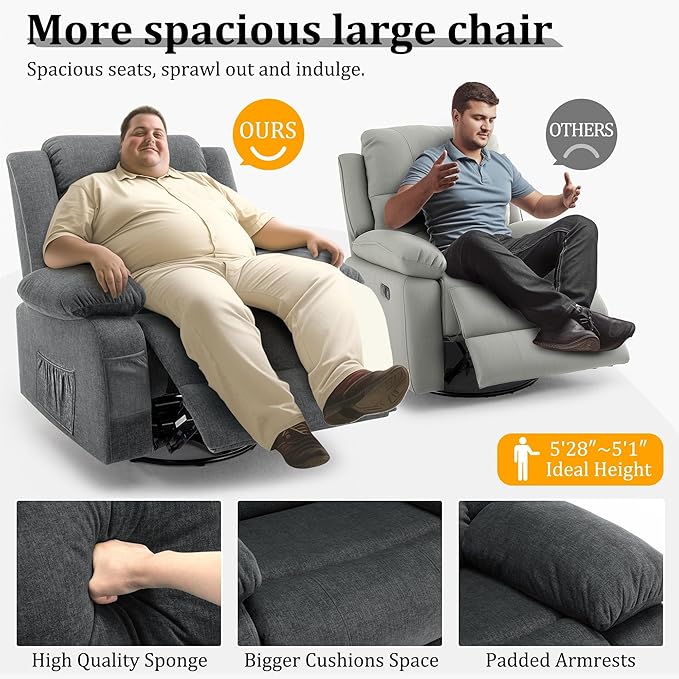 Recliner Chair Wide Rocker Chair Rocking Chair with Massage and Heat360°Swivel Nursery Rocking Chairs Oversized Recliner for Adults Cashmere Reclining Sofa for Living Room Grey