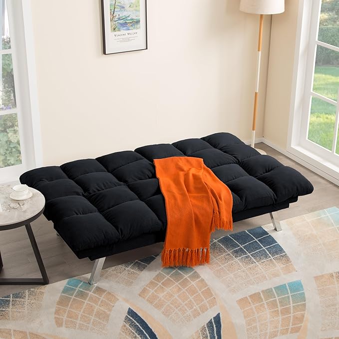 67” Convertible Futon Couch Bed Adjustable Pillow Top Arm Memory Foam Cloud Futons Loveseat Modern Light Gray Corduroy Mini Small Sofa Couches for Living Room