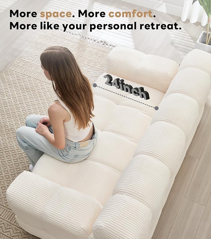 Tbfit Boneless Loveseat SofaComfy Tufted Cloud Couch Modern Living Room Floor Sofa Chair Corduroy White