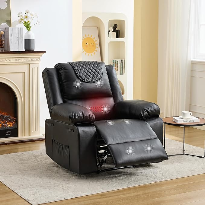 PU Leather Extra Wide Manual Recliner Chair for Adults with Massage &amp Heat Oversized Lazy Recliner with 1.5X Thick Sponge Comfort for Living Room BedroomBlack