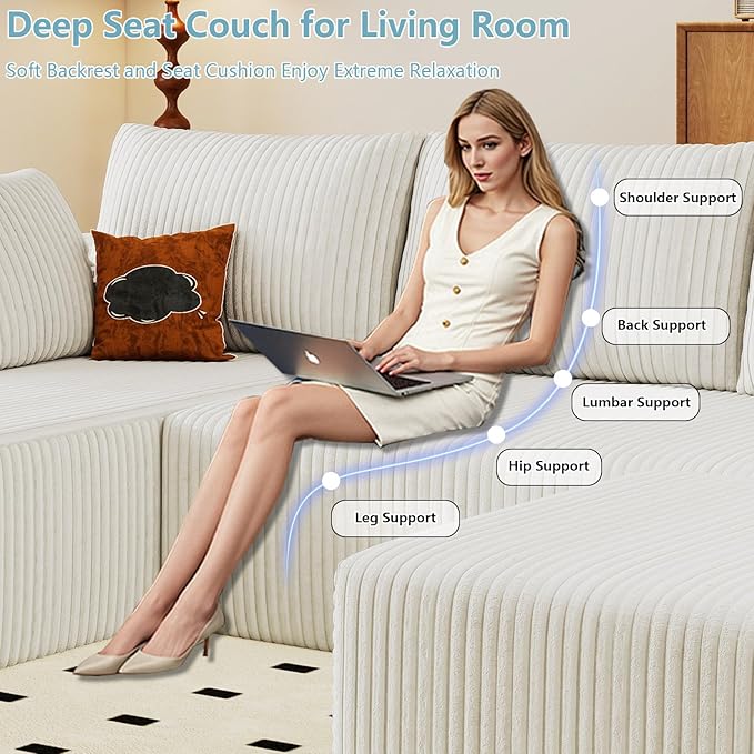 96 W Cloud Sectional Couch with OttomanModern U-Shaped Cloud Couch with Deep SeatComfy Corduroy 3-Seater SofaMemory Foam Sofa for Living RoomNo Assembly (WhiteLeft-Facing Chaise)
