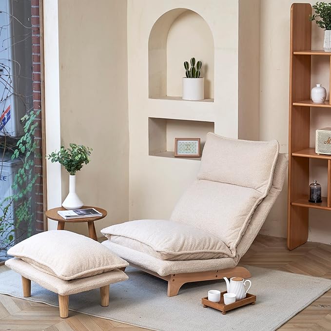 Floor Chair Single Lazy Sofa Leisure Balcony Reclining Japanese Tatami Adjustable Recliner with Ottoman for Living Room Bedroom Indoor Use (Stacked Footstool Beige)