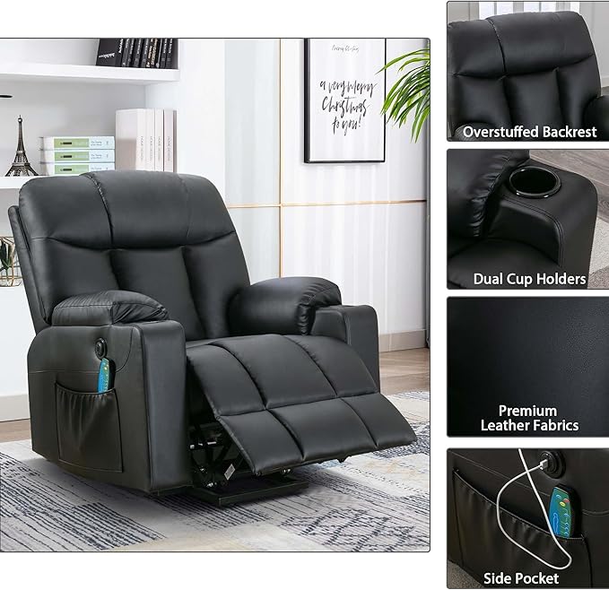 Bonzy Home 26 Extra Wide Lift Chair with Heat and Massage Faux Leather Power Lift Recliner Massage Chair for Adults Elderly Upholstered Recliner with 2 Cup Holders Side Pocket