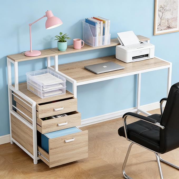 55 L Shaped Office Desk with Drawers &amp Storage Reversible Executive Office Desk with 4 Shelves Large Corner Computer Desk with Elevated Monitor Stand for Home Office Gaming (Natural + White)