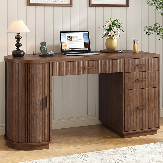 ONBRILL 58 Inch Fluted Executive Desk Computer Desk with Storage Drawers &amp File Drawer Modern Home Office Desk with Charging Station for Working Studying Writing Walnut