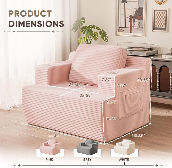 Homall 42” Single Sofa Foam Couch for Small Spaces Upholstered Floor Sofa with Cup Holder &amp Storage Pocket Boneless Couch for Bedroom Living Room (Pink Single)