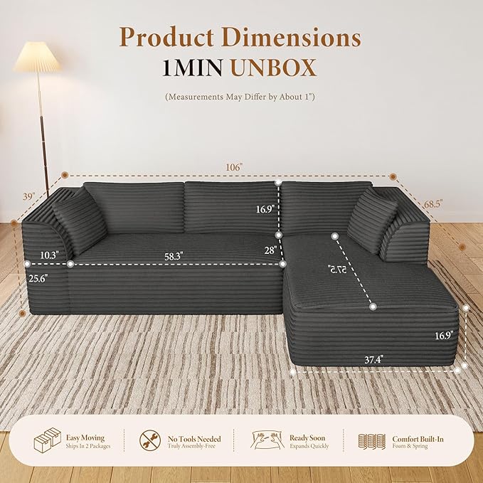 Vesgantti 106 Cloud Couch with Chaise Deep Seat Fluffy Modular Sectional Sofa Corduroy Memory Foam Boneless Couches for Living Room Bedroom No Assembly Required (Grey Right-Facing Chaise)