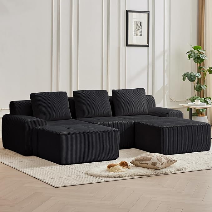Modular Sectional Sofa with Movable Ottoman 3 Seat Deep Seat Couch with 3 Pillows Comfy Cloud Sectional Sofa for Living Room Bedroom and Apartment (Black 1 Left+1 Right+1 Middle+2 Ottoman)